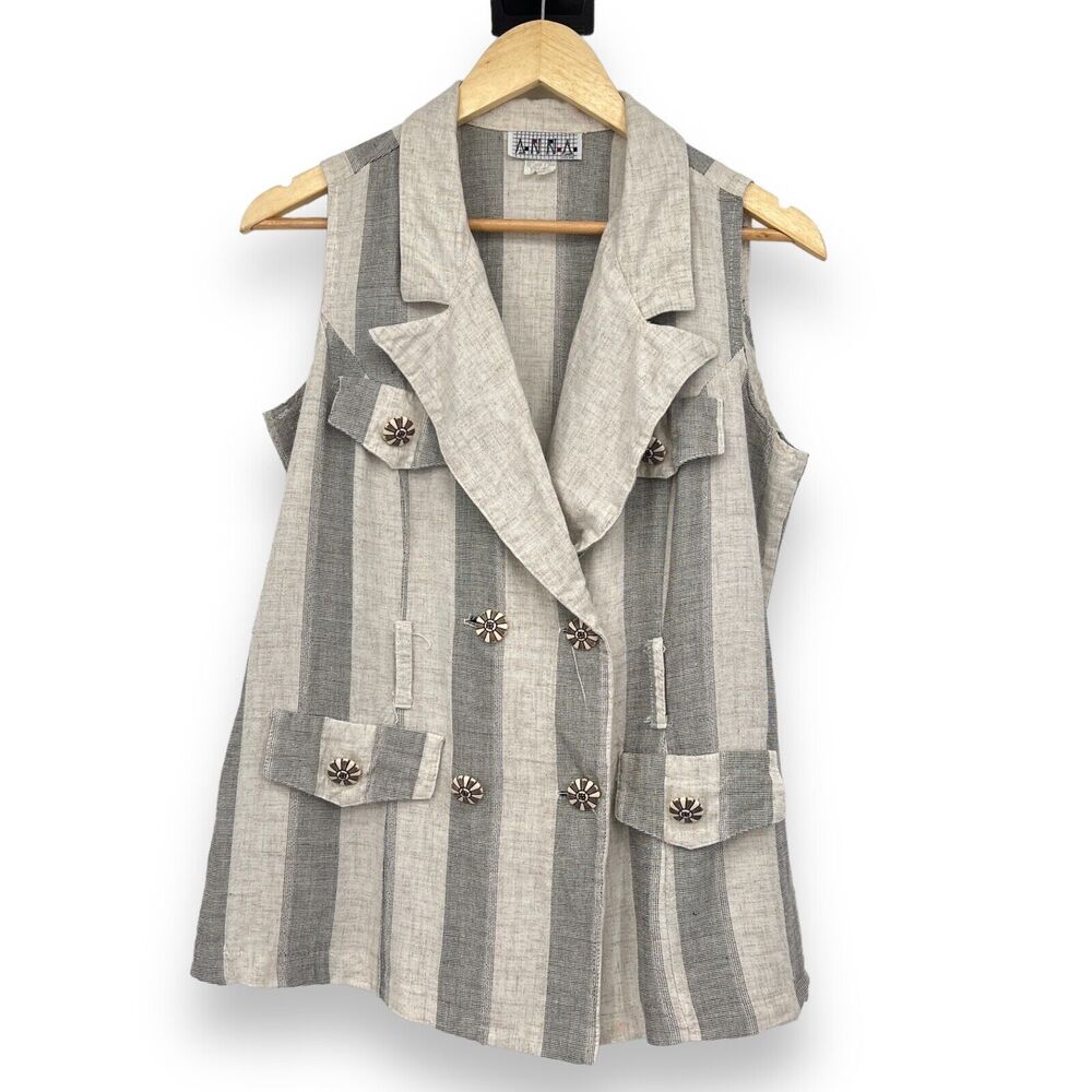 Vtg. Anna USA Sleeveless Collared Tan Vest Women's S Top 90s